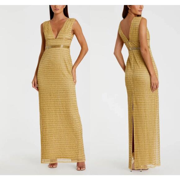 MAC DUGGAL Women's Beaded Cap Sleeve V Neck Column Gown In Gold Size 8 NWT - Picture 1 of 13